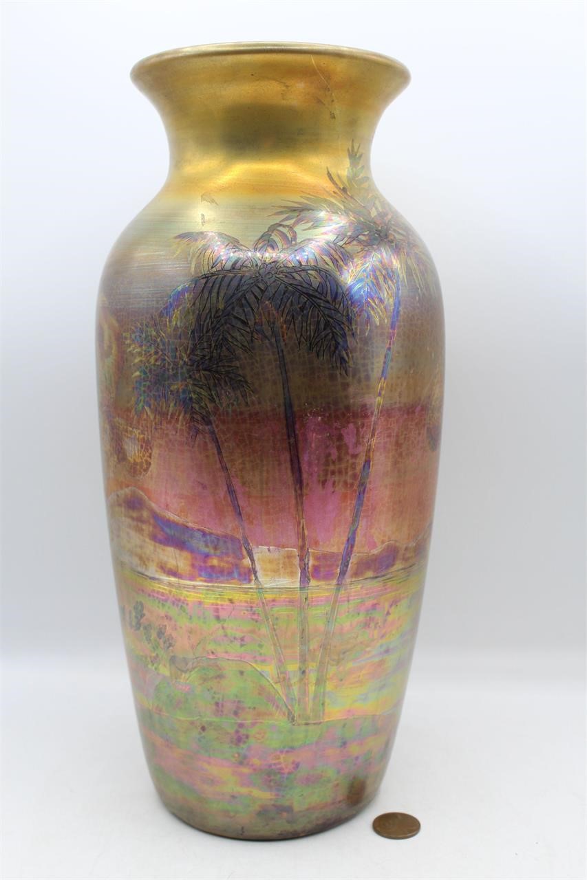 1920's Weller Lasa Iridescent Palm Tree Vase