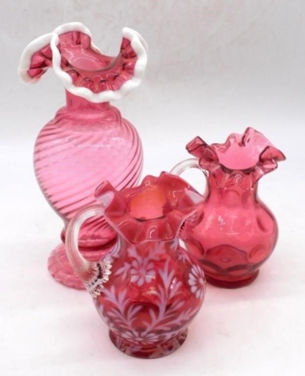 Fenton Cranberry Glass Vase and Pitchers.