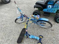 Girls bike with scooter and skate board