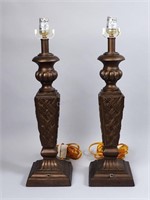 Pair of Bronze Colored Basket Weave Resin Lamps