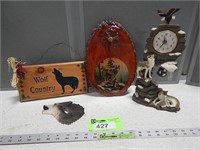 2 Wolf clocks; wolf wall plaque and light switch c