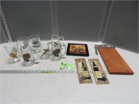 Beer glasses and mugs; cheese tray; trivet and mor