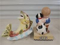 Fish coin bank, boy and his dog coin Bank 6.5"