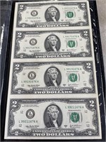 (16) 2 Dollar Bills Uncut 4 Sheets