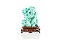 CHINESE TURQUOISE CARVED LADY FIGURE ON STAND