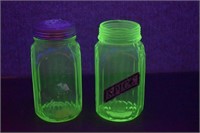 2 Hoosier Ribbed Green Glass Spice Shakers