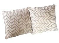 Two Square White and Gold Throw Pillows