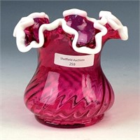 Fenton Cranberry Snow Crest Crimped Edge Vase