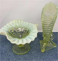Vaseline Glass Pedestal Dish & Green Glass Vase