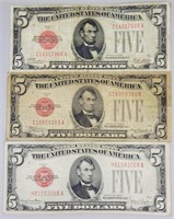 1928, 1928-C & 1928-F Five Dollar Bank Notes.