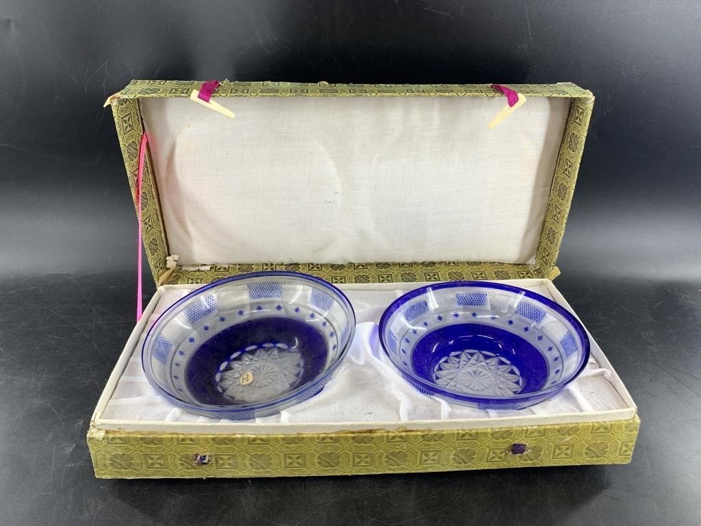 New in box set of 2 beautiful cut glass cobalt to