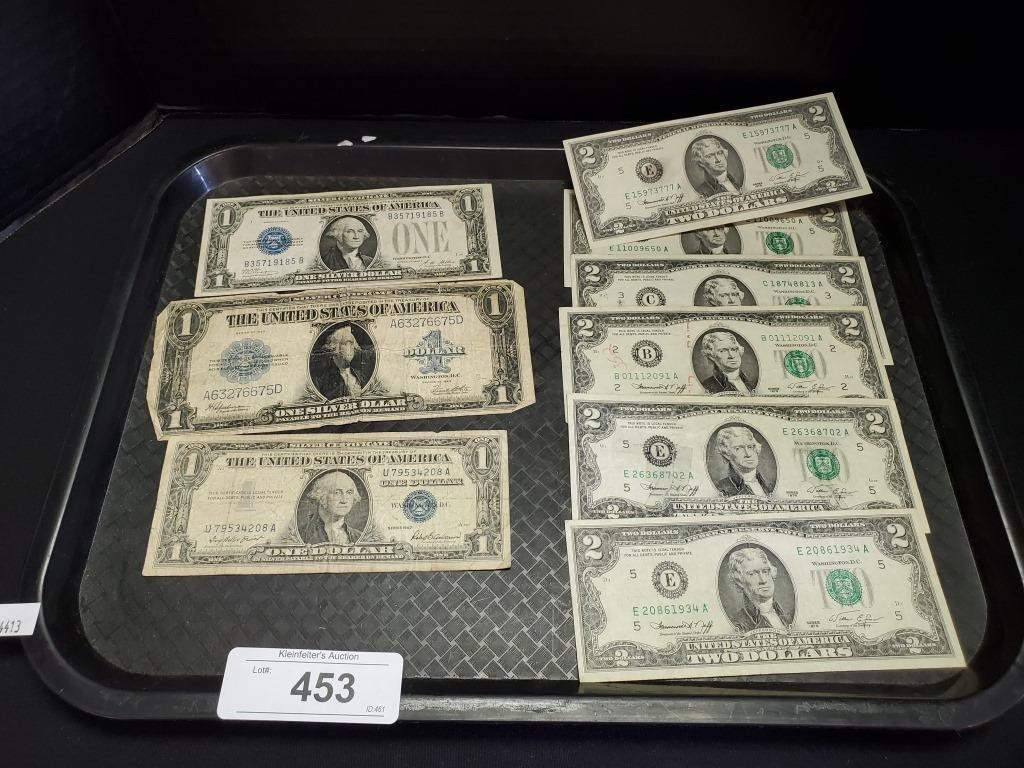 6 1976 2 Dollar Bills, 3 Blue Seal Dollars.