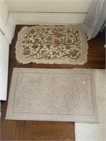 EMBROIDERED THROW RUG, SOME DAMAGE,