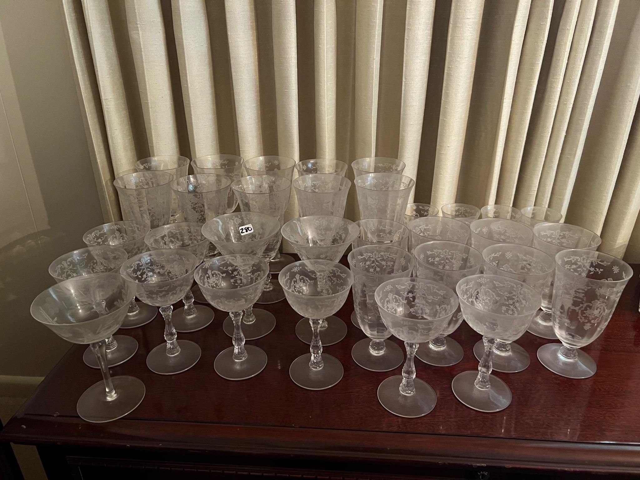 CLEAR ETCHED GLASS SET 37PC SAME DESIGNS DIF. TYPE