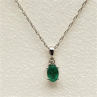 14K White Gold Necklace Emerald Diamond