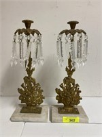 PAIR OF CAST BRASS GIRANCANDLE HOLDERS W/ PRISMS