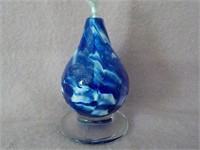 hand blown 5; signed lcr blue swirl oil candle