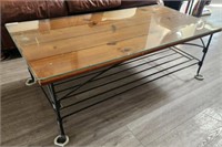 WROUGHT IRON BASE PINE COFFEE TABLE