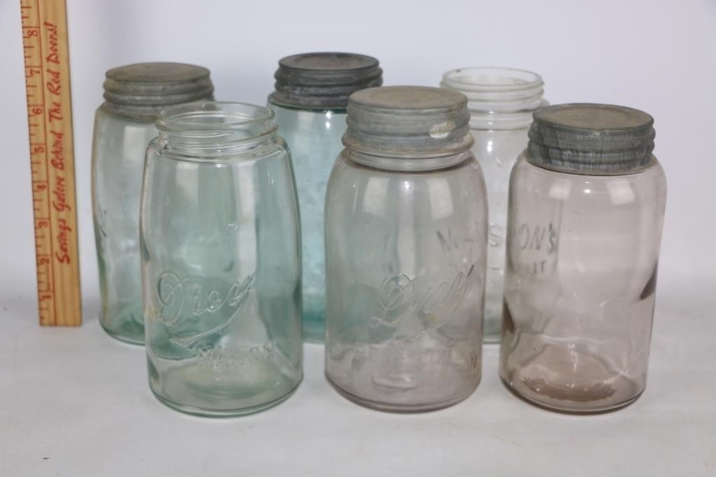 Lot of 6 Canning Fruit Jars--Drey, Mason +++