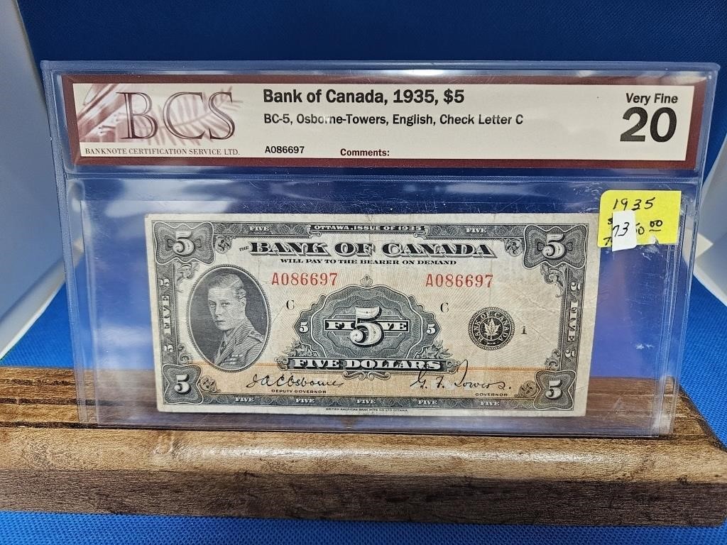 1-1935 5 DOLLAR BILL VF 20 A086697 BANK OF CANADA