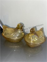 Pair of Vintage Glass Amber Gold Rooster/ Hen On