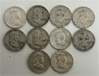 (10) FRANKLIN SILVER HALF DOLLARS