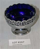 COBALT BLUE GLASS DISH W/SILVER PLATE HOLDER