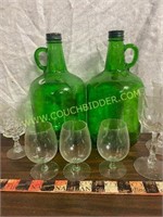 Vintage green gallon bottles & asst wime stems