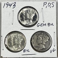 1943-P,D,S Mercury Silver Dimes, US 10c Coins