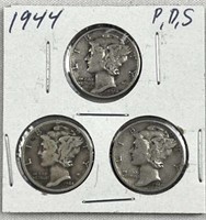 1944-P,D,S Mercury Silver Dimes, US 10c Coins