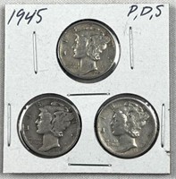 1945-P,D,S Mercury Silver Dimes, US 10c Coins