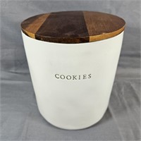 Stoneware Cookie Jar w/Wooden Lid