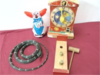 Old Bozo, Snake, Pound bench, and Clock