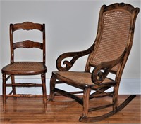 Antique Caned Lincoln Style Rocker and Side Chair