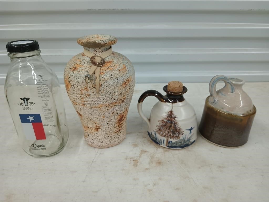 2 small crock jugs, clay vase, milk bottle