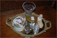 Oval mirrored dressing tray w/ crystal vase,