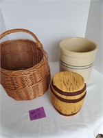 vintage crock pot and a basket and toy
