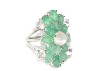 Silver, emerald and moonstone ring