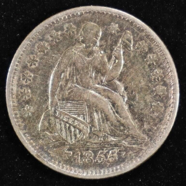 1855 SEATED LIBERTY HALF DIME CH AU