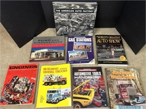 Table, top books, American auto factory, gas