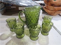 VIN GREEN GLASS PITCHER WITH 5 WATER GLASSES