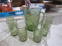 THUMB  PRINT PATTERN GREEN PITCHER, 6 WATER GLASS