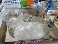 BOX FULL OF VIN GLASSWARE, S& P,CANDY DISH MISC