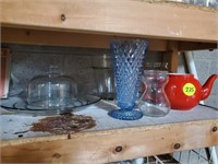 SHELF OF GLASSWARE - CHEESE DOME PLATTER AND MORE