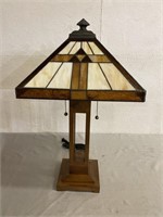 Stain Glass Shade Lamp W/ Wood Base 26" Tall