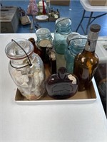Ball Jars, brown glass, & shells