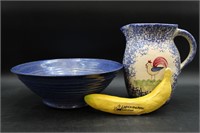 Signed Blue Art Pottery Bowl & Rooster Pitcher