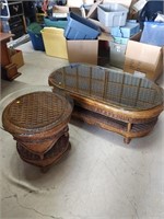 2 wicker coffee and end table set with glass top