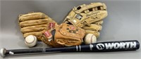 Baseball Lot: 3 Gloves, 2 Balls, 1 Bat