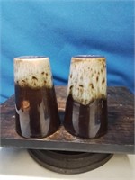 Brown pottery drip wear salt and pepper with c
